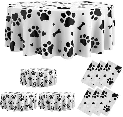 Oudain 3 Pcs Puppy Paw Print Plastic Tablecloth 84 Inch Round Tablecloth Disposable Table Cover Large Cute Puppy Themed Table Cover for Pet Cat Birthday Party Decor (Black and White)