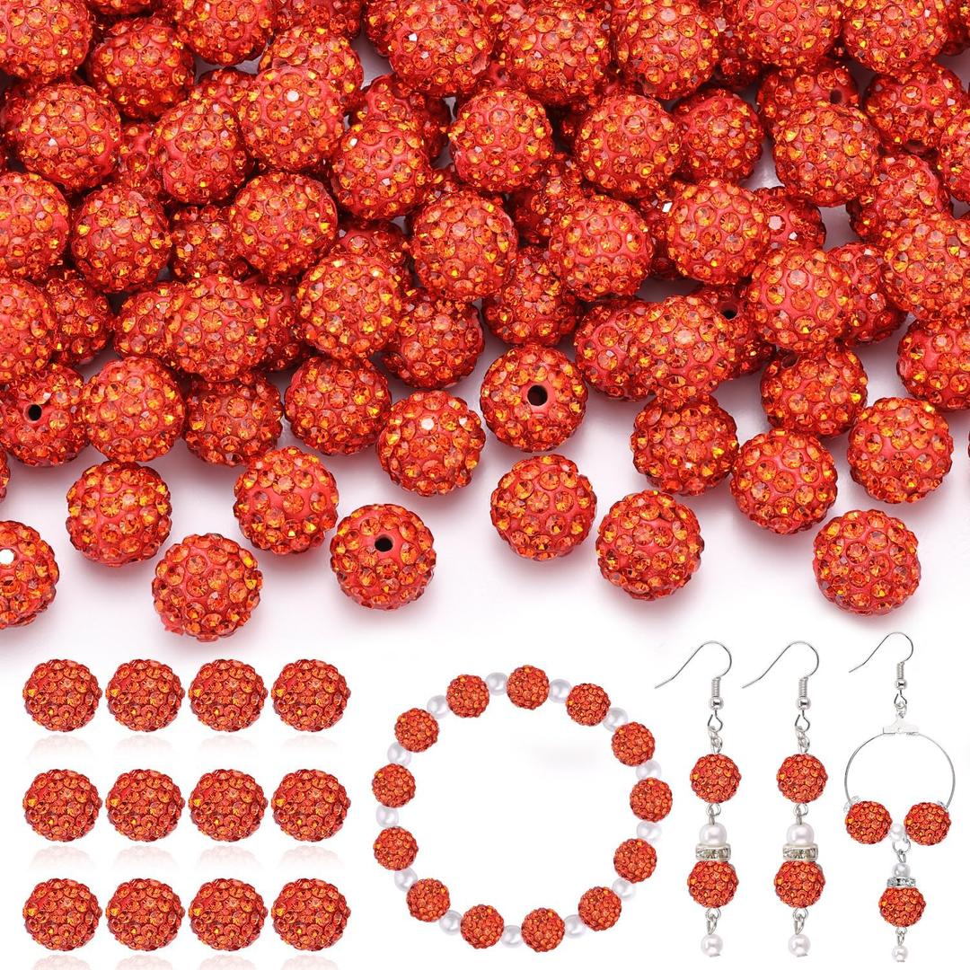 120pcs 10mm Rhinestone Beads for Jewelry Making, Orange Shiny Round Shamballa Disco Ball Beads Bulk, Sparkle Crystal Clay Christmas for Bracelet Baseball Necklace Earring Crafting and DIY