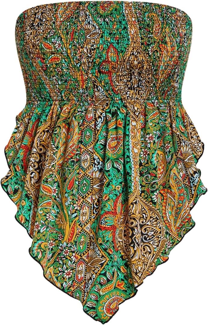Floerns Women's Plus Size Boho Vintage Graphic Sleeveless Asymmetrical Hem Tube Top Green 3XL
