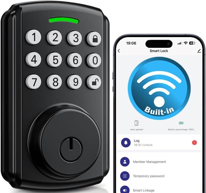 Keyless Entry Door Lock, Bulit-in Wi-Fi, App Remote Control, Real-time Alerts, IP65 Waterproof, Smart Door Lock, Auto Lock, Deadbolt Smart Lock (FDS04)