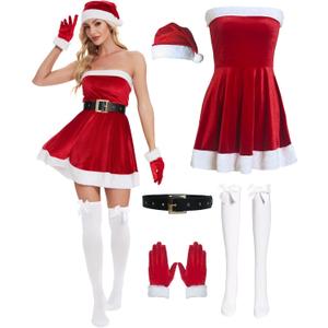 Women's Mrs. Claus Santa Costume 5 Pcs Christmas Dresses for Women Sexy Christmas Lingerie Set Cosplay Outfit, XL