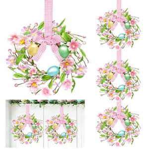 Easter Decorations 4 Pack 12 Inch Easter Wreath for Kitchen Cabinets Window, Mini Easter Wreath with Colorful Eggs Flowers Berried Leaves Bow Artificial Easter Wreaths for Door Wall Stair Home Decor