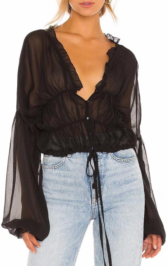 Crop Top Sheer See Through Tops for Women Long Puff Sleeve Chiffon Blouses for Women (X-Large, Black)