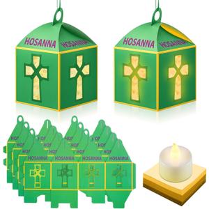 Simgoing 12 Sets Palm Sunday Crafts with LED Candles Easter Religious Palm Leaf Cross Tissue Paper Lanterns Craft Kits Sunday School Religious Holy Week Hanging for Easter Party Activities