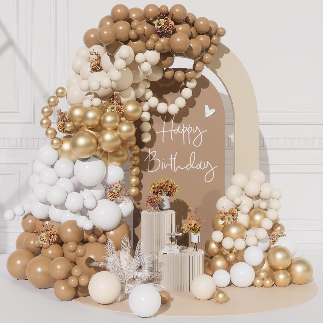 Neutral White and Gold Balloon Arch Kit-DIY 170pcs Boho Brown Sand White Chrome Gold Balloons Garland Kit for Birthday, Christening, Baby Shower, Bridal Shower, Engagement Party Decorations