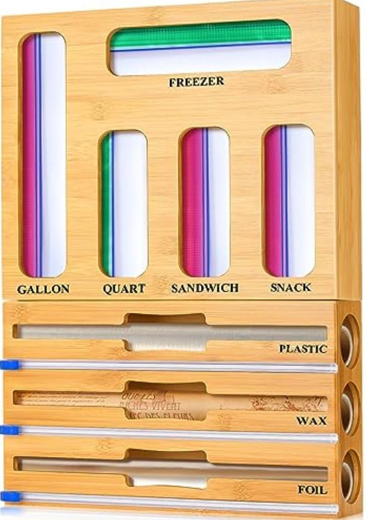 Calmbee 9 IN 1 Storage Bag Organizer for Kitchen Drawer, Bamboo Foil and Plastic Wrap Storage, Organizers Compatible Gallon, Quart, Sandwich Snack Size