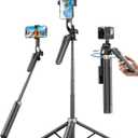 72" Phone Tripod, Tripod for iPhone with Wireless Remote Control, Portable Selfie Stick for iPhone, Live Streaming, Video Recording, Compatible with Cell Phones, Cameras (Deep Black)