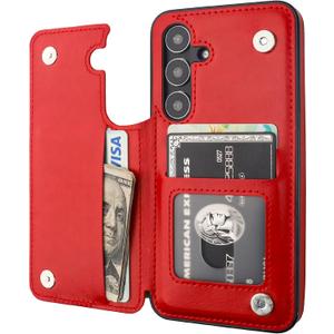 ONETOP Compatible with Samsung Galaxy S24 Wallet Case with Card Holder, PU Leather Kickstand Card Slots Case, Double Magnetic Clasp and Durable Shockproof Cover 5G 6.2 Inch(Red)