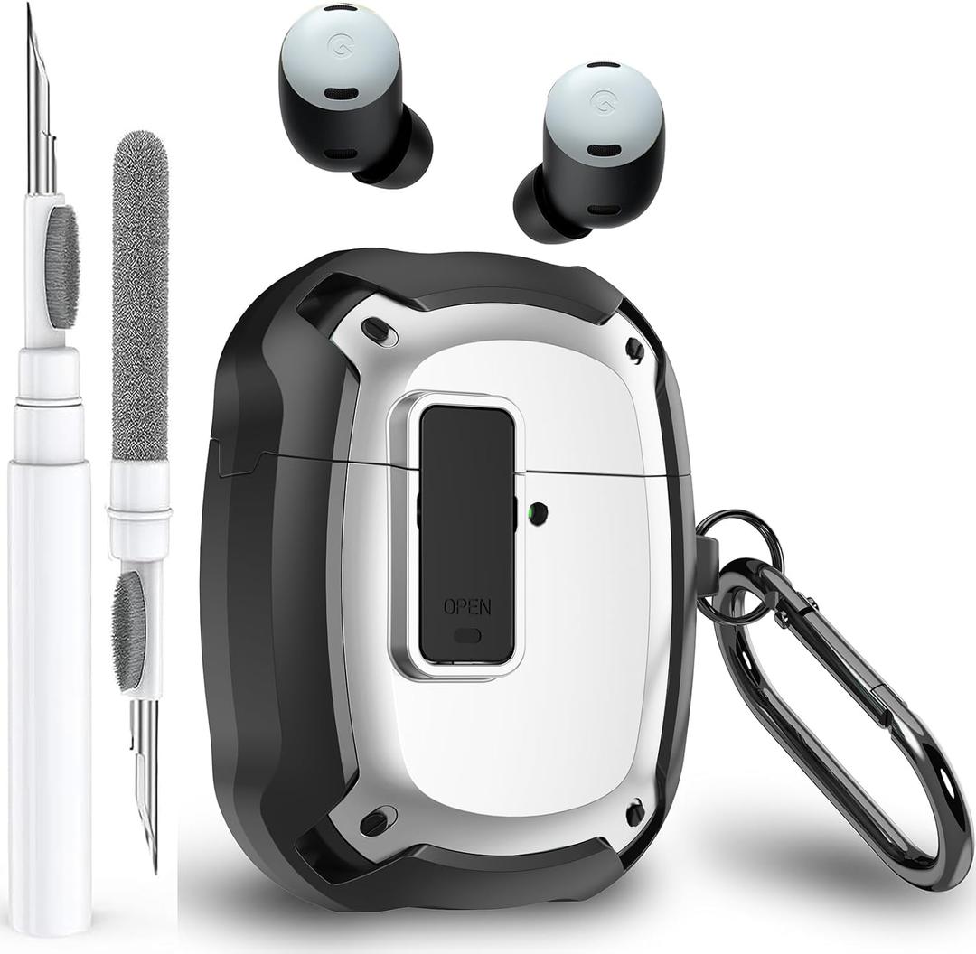 for Google Pixel Buds Pro 2/ Pro Case Cover with Lock Clip & Cleaner Pen 2024/2022, Shockproof Protective Hard Cover Skin with Carabiner Men Women - Black/White