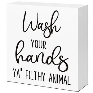 LVQHI Wash Your Hands Ya Filthy Animal Sign Bathroom Decor, Funny Small Bathroom Decor For Shelves, Rustic Sign Decoration For Toilet Restroom Tabletop Desk