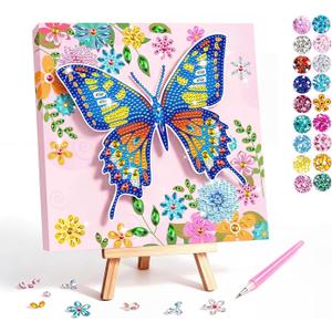 Butterfly Diamond Painting Kit with Frame, Gem Art for Kids DIY Craft, 8.5 x 8.3 inches