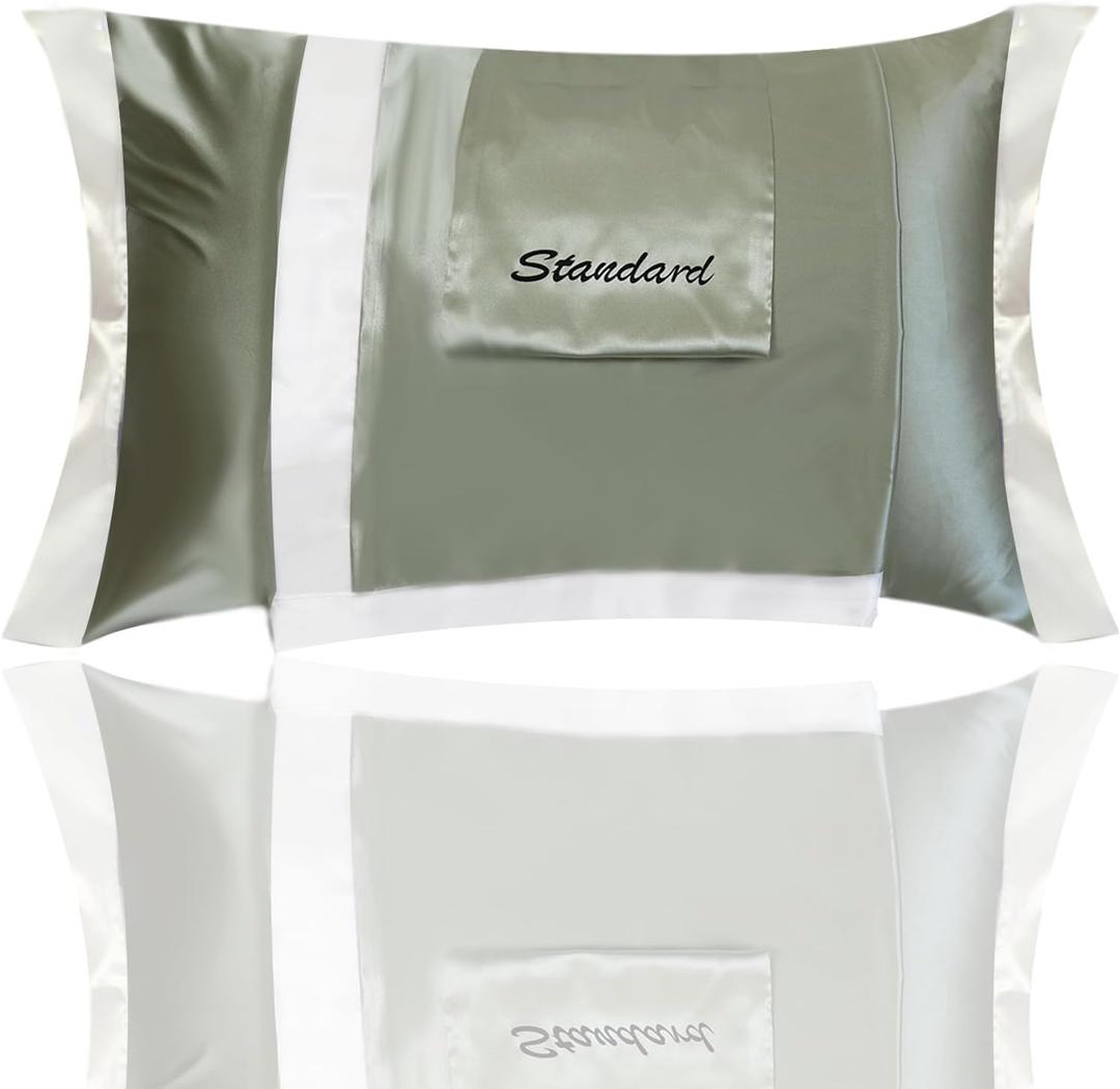 Satin Pillowcase Set, Silky Pillow Covers for Hair and Skin, White Tailored Edge with Envelope Closure, Cooling Pillowcases for Hot Sleepers, Pack of 2 with Extra Storage Bag(Green, 20"x26")
