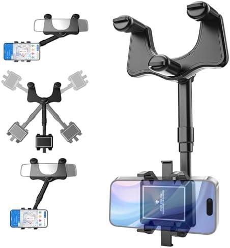 TQRR Car Rear View Mirror Phone Holder, Phone Holders for Your Car with Adjustable Arm, 360 degree Rotating Cell Phone Car Mount, Three Corners Design Universal Car Phone Holder Compatible with All Phones