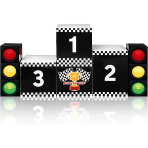 6 Pcs Large Racing Party boxes set, 4 pcs 11.8" Race Car Podium and 2 pieces 17.3" Traffic Light, Car Themed Goodie Checkered Boxes Racing Birthday Party Centerpiece Decoration Favors