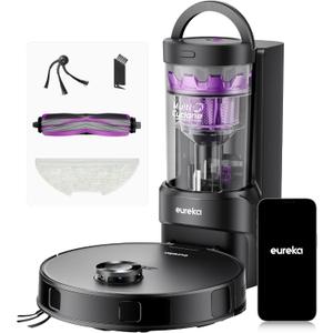 Eureka E20 Evo Plus Robot Vacuum and Mop Combo, 10,000Pa Suction Robot Vacuum Cleaner Bagless Self-Emptying Station, 45-Day Capacity Anti-Hair-Tangling Side Brush Mop Lifting App Control LiDAR Nav (Black)