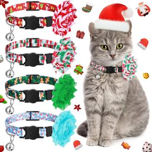 Frienda 4 Pieces Christmas Cat Collar Flower Breakaway Cat Collar Red Green with Bell Christmas Tree Gingerbread Adjustable Pet Cat Accessories for Cats Small Animals Pets
