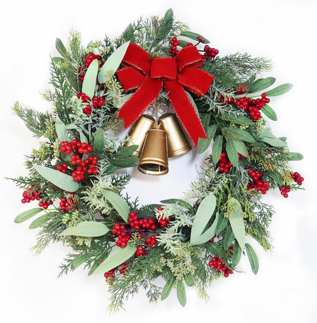 21 Inch Christmas Wreath for Front Door, Artificial Greenery Faux Cedar Wreath with Red Velvet Bow and Vintage Bell, Indoor Outdoor Christmas Decoration for Wall Window Farmhouse Home