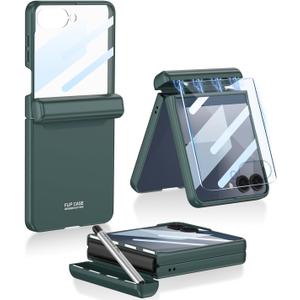 for Samsung Galaxy Z Flip 7 Case with S Pen,Slim PC All-Inclusive Shockproof Cover with Magnetic Hinge Protection + Tempered Glass Screen Protector for Samsung Galaxy Z Flip 7 5G (Green)