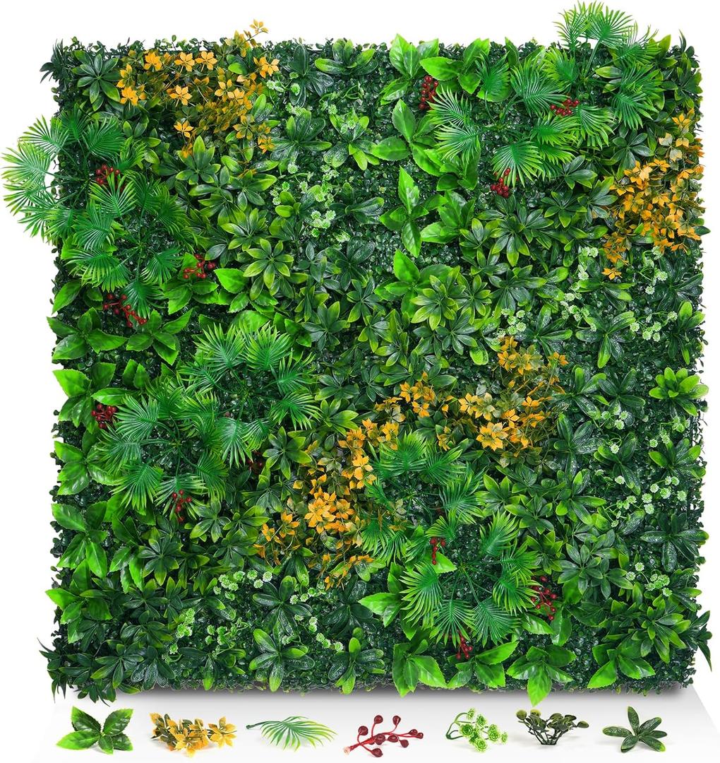 Grass Wall Panels, 20"x20" 8pcs Artificial Grass Backdrop Wall with Tropical Leaves, UV-Anti Faux Greenery Plant Boxwood Panels for Privacy Fence Screen, Green Wall Decor for Outdoor Indoor