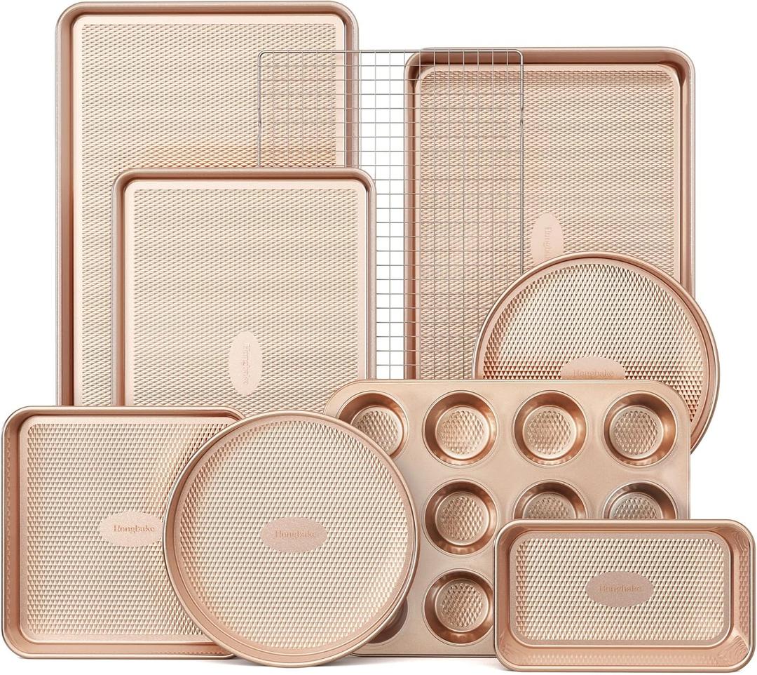HONGBAKE 9-Piece Baking Pans Set Nonstick, Stackable Non Toxic Bakeware Sets with Diamond Texture, Oven Pan Set for Cooking, Includes Cookie Sheet with Rack, Cake Pan, Roasting Pan, Muffin Tin, Gold HONGBAKE 9-Piece Baking Pans Set Nonstick, Stackable Non Toxic Bakeware Sets with Diamond Texture, Oven Pan Set for Cooking, Includes Cookie Sheet with Rack, Cake Pan, Roasting Pan, Muffin Tin, Gold