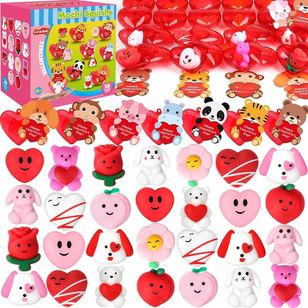 28 Pack Valentine Mochi Squishies Toys and Valentine Cards for Kids, Animal Mochi Squishies Filled Hearts, Kawaii Squishies Stress Relief Fidget Toys Classroom Exchange Party Favors Prizes Gifts