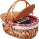 Wicker Insulated Picnic Basket with Lid Wicker Picnic Basket with Folding Handles and Insulated Cooler Bag for Camping Outdoor Easter Valentine Birthday Gift(Red Plaid)