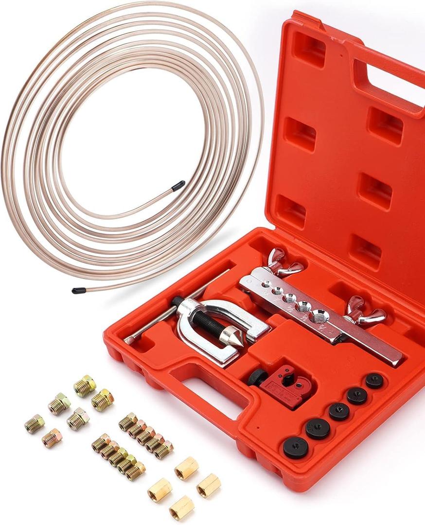 Brake Line Flaring Tool Kit - 25 Ft. 1/4 Copper Coated Brake Line Kit (with 16 Fittings and 4 Unions) + Flaring Tool Set for Single and Double Flares (Includes 5 Adapters and Tube Cutter)
