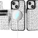 SkyEagle for iPhone 15 Wallet Case with Card Holder Compatible with Magsafe Kickstand RFID Blocking Flip Cover Credit Card Slots PU Leather Men Women Phone Case for Apple 15 6.1",Leopard-White