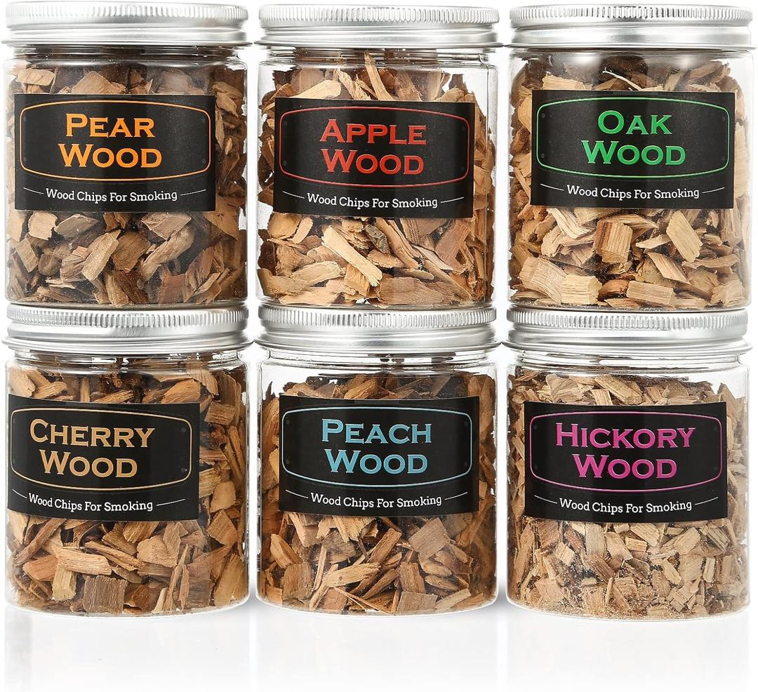 6Pack Natural Wood Chips for Smoker Grill and Smoking Gun, Oak, Pecan, Apple, Pear, Cherry and Peach About 80g Each, Smoker Woodchips for BBQ Smoking Beef Pork Chicken Fish and Whisk