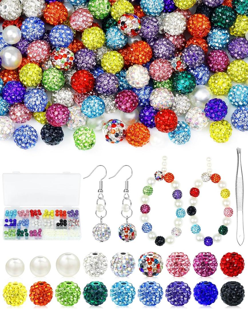 200PCS FIVEIZERO Rhinestone Beads for Jewelry Making, 15 Colors Round Sparkle Crystal Clay Bead Bulk Sparkly Baseball Necklace Beads for Bracelets and DIY Crafts (Mixed)