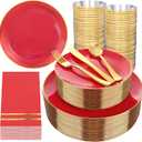 NOCCUR 350PCS Red Plastic Plates - Disposable Red Gold Dinnerware Set for 50 Guests, 100 Dinner/Dessert Plates, 150 Gold Silverware, 50 Cups&50 Napkins for Party/Wedding/Valentines Day