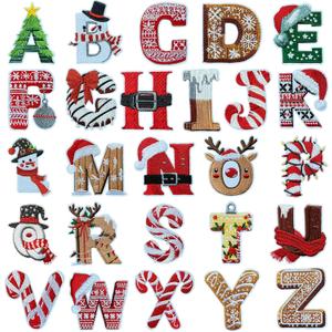 26Pcs Christmas Iron on Patches, Cartoon A-Z Letter Alphabets Embroidered Patches, Christmas Iron on Letters Patches for Hats, Clothes, Jeans, Jackets, DIY Craft Gifts for Boys, Girls