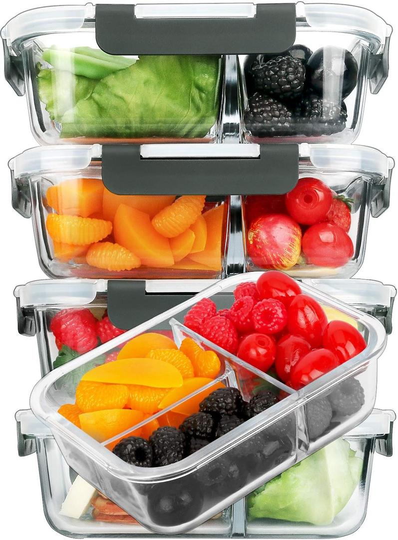 M MCIRCO [5-Pack, 36 oz] Glass Meal Prep Containers 3 Compartment with Lids, Glass Lunch Containers,Food Prep Lunch Box,Bento Box,Microwave, Oven, Freezer, Dishwasher (4.5 Cups) (Gray)