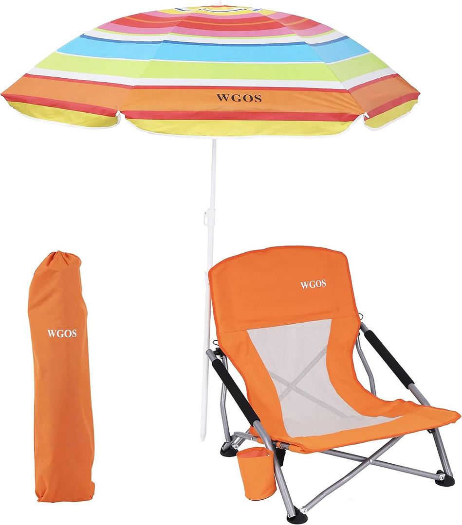 Beach Chair, Low Beach Chairs with Umbrella, Compack Portable Folding Festival Chairs, Chairs with Shade for Adult, with Cup Holder, Carry Bag, Heavy Duty, for Outdoors, BBQ (1-Pack Orange)