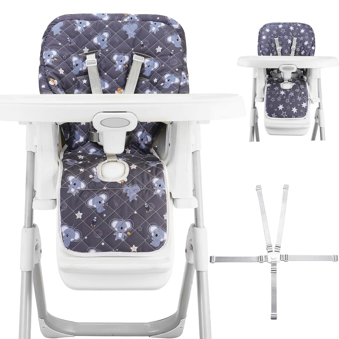 Baby High Chair Cover 2-in-1 Reversible, Includes 5-Point Harness Strap, Waterproof & Soft Dual-Side High Chair Pad Cushion, Machine Washable, Extra Thick Highchair Protector - Grey