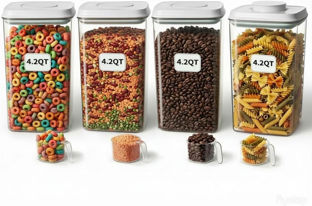 Melovom 4 Pcs Large Pop Airtight Food Storage Containers Set with Lids, 4.2Qt/4L Food Containers with Scoop, Kitchen Pantry Organization and Storage, BPA Free Stackable Cereal Container (4 * 4.2Qt)