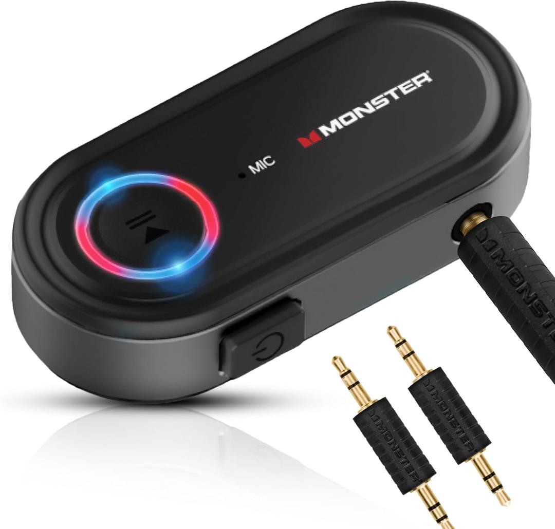 Monster Bluetooth Audio Receiver, Aux Bluetooth Adapter with 3.5mm Jack, Hands-Free Calls, Siri & Google Voice Compatible, for Home Stereo, Headphones & Car Connectivity