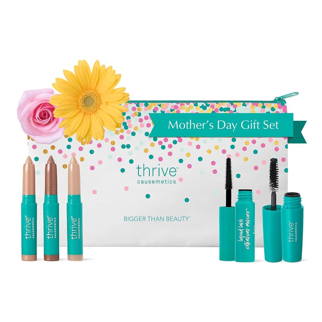Thrive Causemetics Mini Makeup Essentials, Mother's Day Makeup Gift Set, Mini Liquid Lash Extensions & Volumizer Mini Mascaras, Brynn (Rich Black), Mini Eye Brightener Highlighter Sticks- 3 Shades