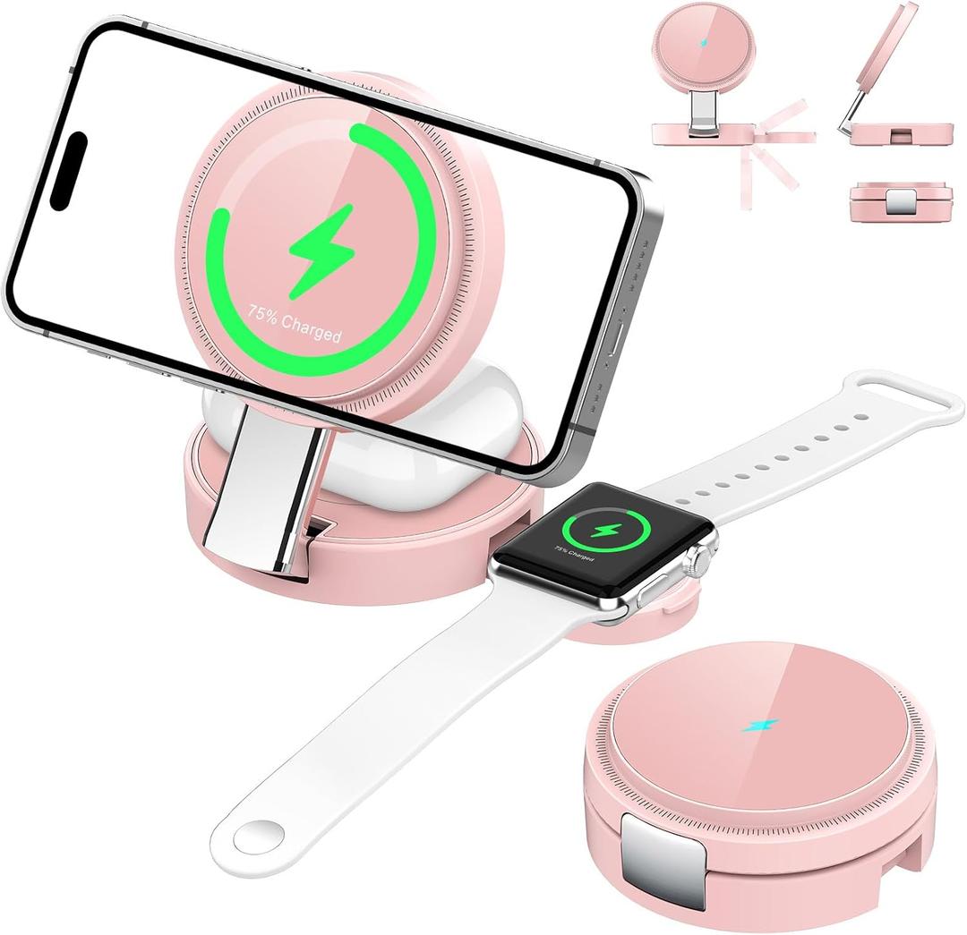3 in 1 Magnetic Wireless Charging Station for iPhone 17/16/15/14/13/12 Series, Apple Watch and AirPods, MagSafe-Compatible 15W Fast Charging Stand, Foldable Adjustable Travel Charger, Pink