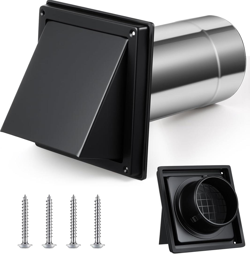 Gisafai 4" Outside Dryer Vent Cover for Exterior Walls Exhaust Vent Cap with Removable Extension Pipe Stainless Steel Hood Cushioned Non Return Flap with Sealing Gasket Grille Screen (Black)