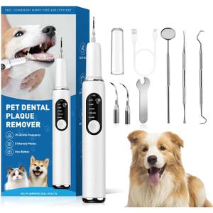 Dog Plaque and Tartar Remover Plaque Remover for Teeth with Led Light 5 Adjustable Modes Electric Toothbrush Teeth Cleaning Kit for Dog and Cat Pet Ultrasonic Tooth Cleaner (White)