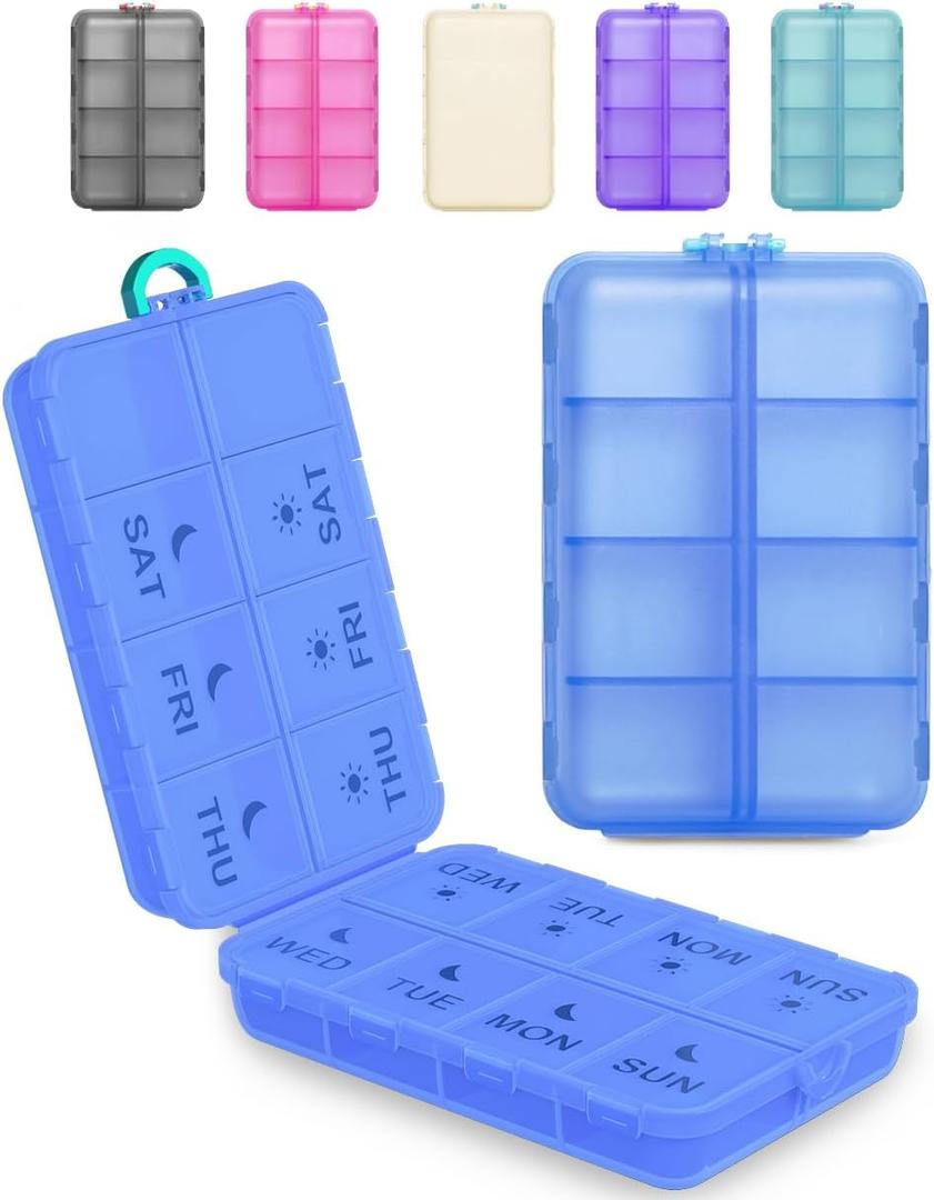 Pill Organizer Travel Medicine Case - Travel Pill Case with Etched Labels, Daily Travel Medicine Case Holder (Blue), Pack of 2