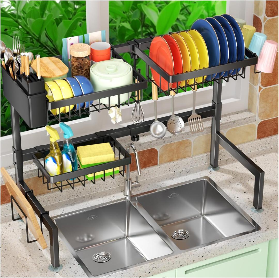SNSLXH 2-Tier Over The Sink Dish Drying Rack, Kitchen Large Dish Drying Rack Over The Sink, Suitable for Most Sinks, Effective Dish Drying, Kitchen Drying Rack 26.57"-35"