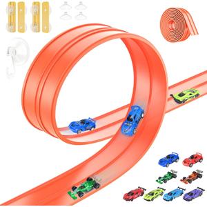 Flexible Race Car Track for Kids, Compatible with Hot Wheels and 8 Diecast 1/64th Cars, Flex Track 15 Ft Starter Set for Ages 3 4 5 6 7 8, Christmas & Birthday Gift for Boys and Girls (Orange)