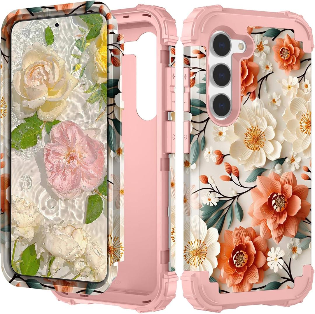 PIXIU Unique Flower Pattern Compatible with Samsung Galaxy S23 Plus case,Heavy Duty Dual Layer Shockproof Full-Body Protective Sturdy Hybrid Cute Rugged Case for Women,Girls,Kids-White/Orange (A14)
