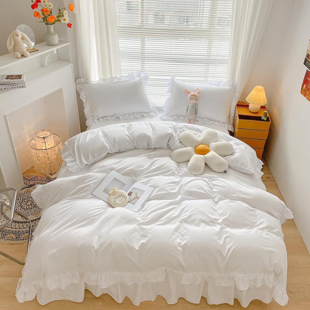 MOOWOO Chic Ruffle Lace Polyester Duvet Cover Set -Girl White Bedding-3 Piece Full Duvet Cover with Zipper Closure -Ultra Soft and Light Weight (White, Full)-No Comforter