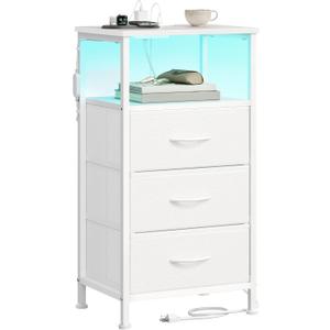 SONGMICS BELLAH Collection - Nightstand with Charging Station and App-Controlled Adjustable LED Lights, Bed Side Table, 3 Drawer and 1 Open Shelf, Bedroom, Cloud White and Snow White ULGS303WH01S