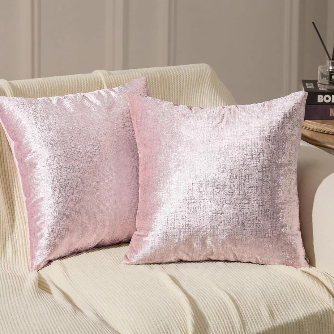 Phantoscope Pack of 2 Sparkling Velvet Decorative Solid Throw Decorative Pillow Cover Soft Silver Shiny Square Cushion Cover Pillowcase for Couch Bed and Chair, Pink, 18 x 18 inches, 45 x 45 cm