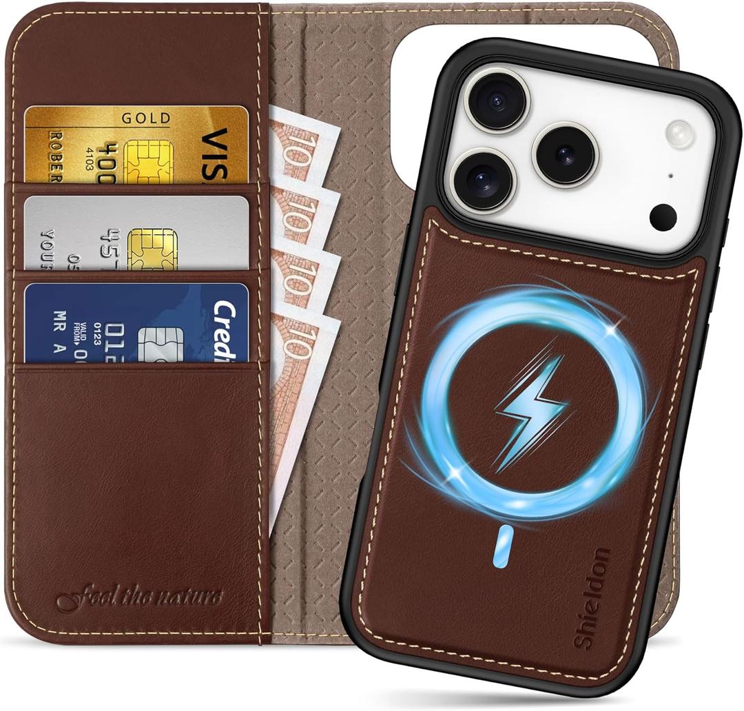 SHIELDON Genuine Leather Wallet Case for iPhone 17 Pro 6.3-inch 2025 | Detachable, Wireless Charging, Folio Magnetic, RFID Blocking Card Holder, Kickstand, Protective Cover - Retro Coffee