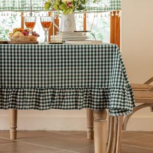 Green Plaid Ruffled Table Cover Linen Rectangle Gingham Tablecloth Classic Farmhouse Vintage Checkered Table Cover Decorative Buffalo Plaid for Home Holiday Party 102 x 60Inches
